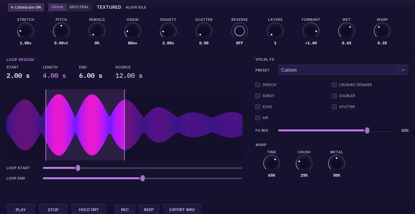 LittleGrain in cratedex: eleven knobs, a loop region over a waveform, vocal effects and warp controls.